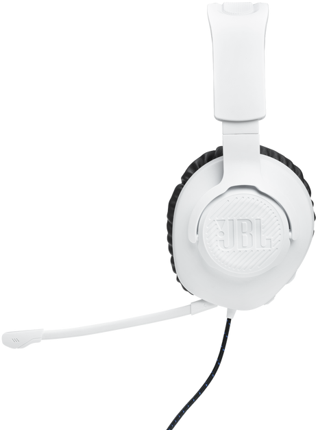 Fehér JBL gamer fejhallgató mikrofonnal és kék-fekete kábellel.