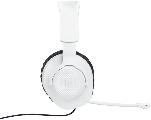Fehér JBL fejhallgató mikrofonnal és fonott kábellel.
