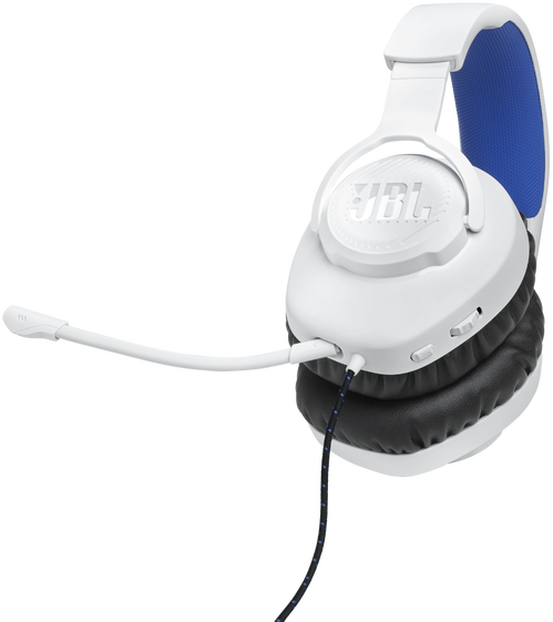 Fehér JBL fejhallgató kék díszítéssel és mikrofonnal.