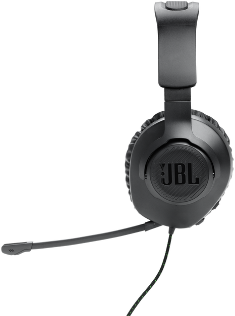 Fekete JBL fejhallgató mikrofonnal és zöld-fekete kábellel.