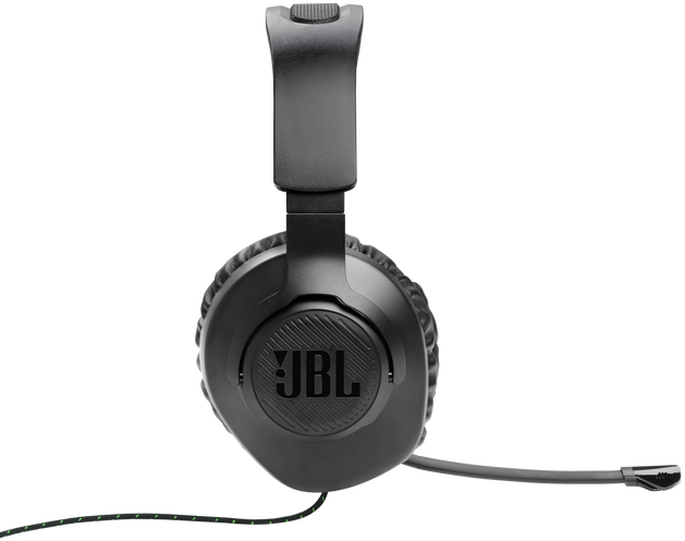 Fekete JBL gamer fejhallgató mikrofonnal és zöld kábellel.