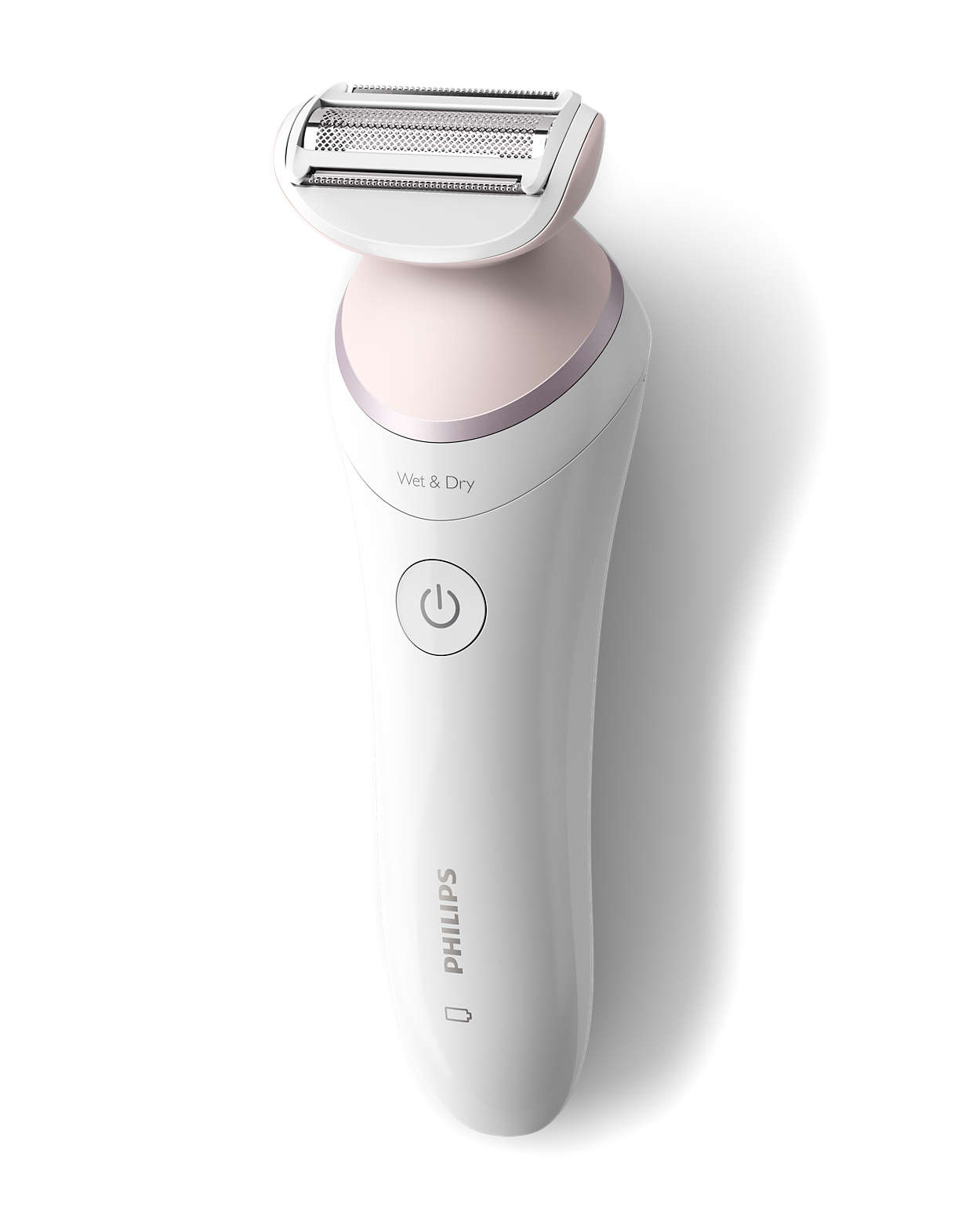 Fehér és rózsaszín Philips elektromos borotva. ívelt fogantyúval.