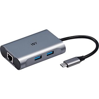 Adaptador USB-C a 2x USB-A 3.0, 1x RJ45 Gigabit LAN - ISY IAD-1018, Plata