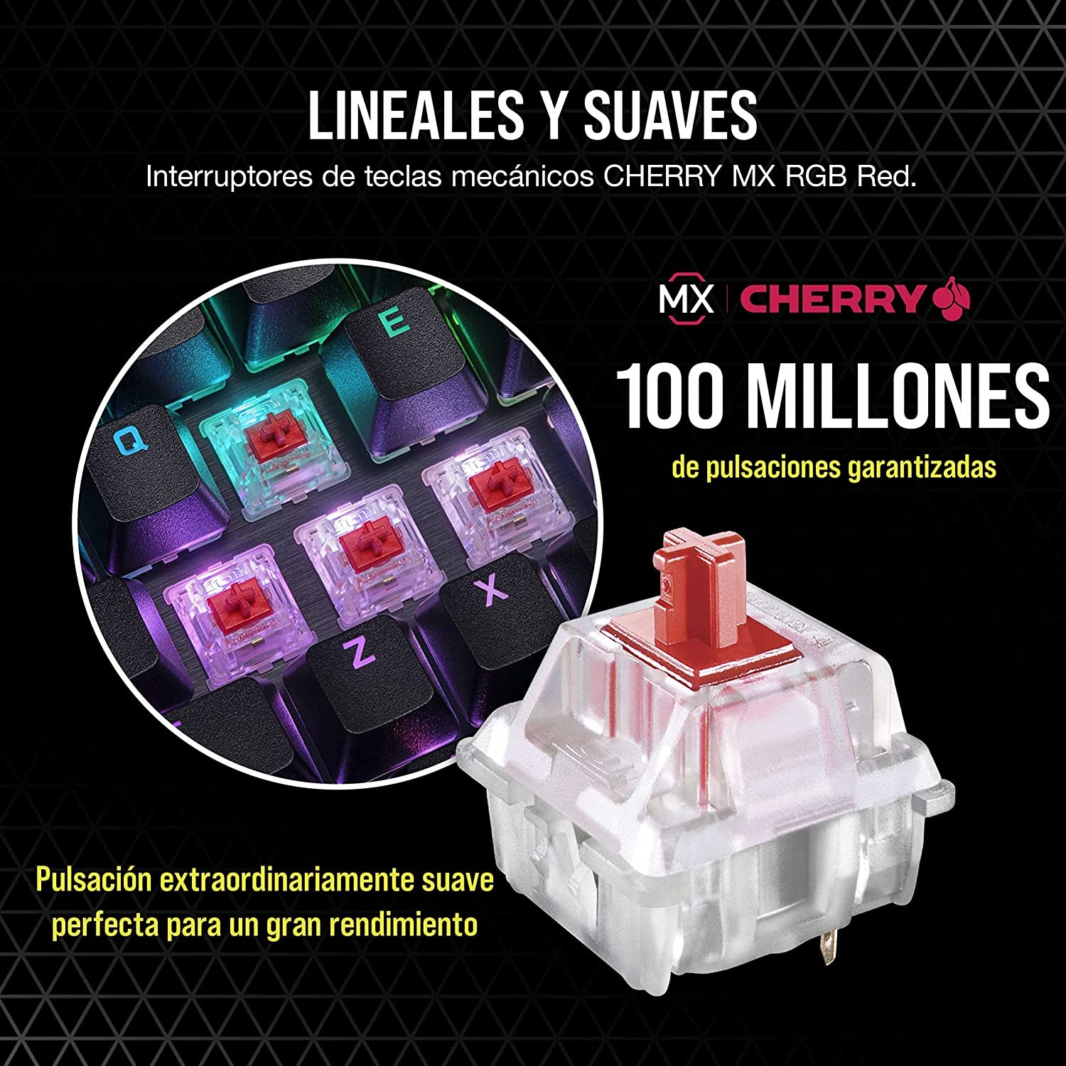 Primer plano de un teclado mecánico con interruptores rojos y un logotipo de Cherry.