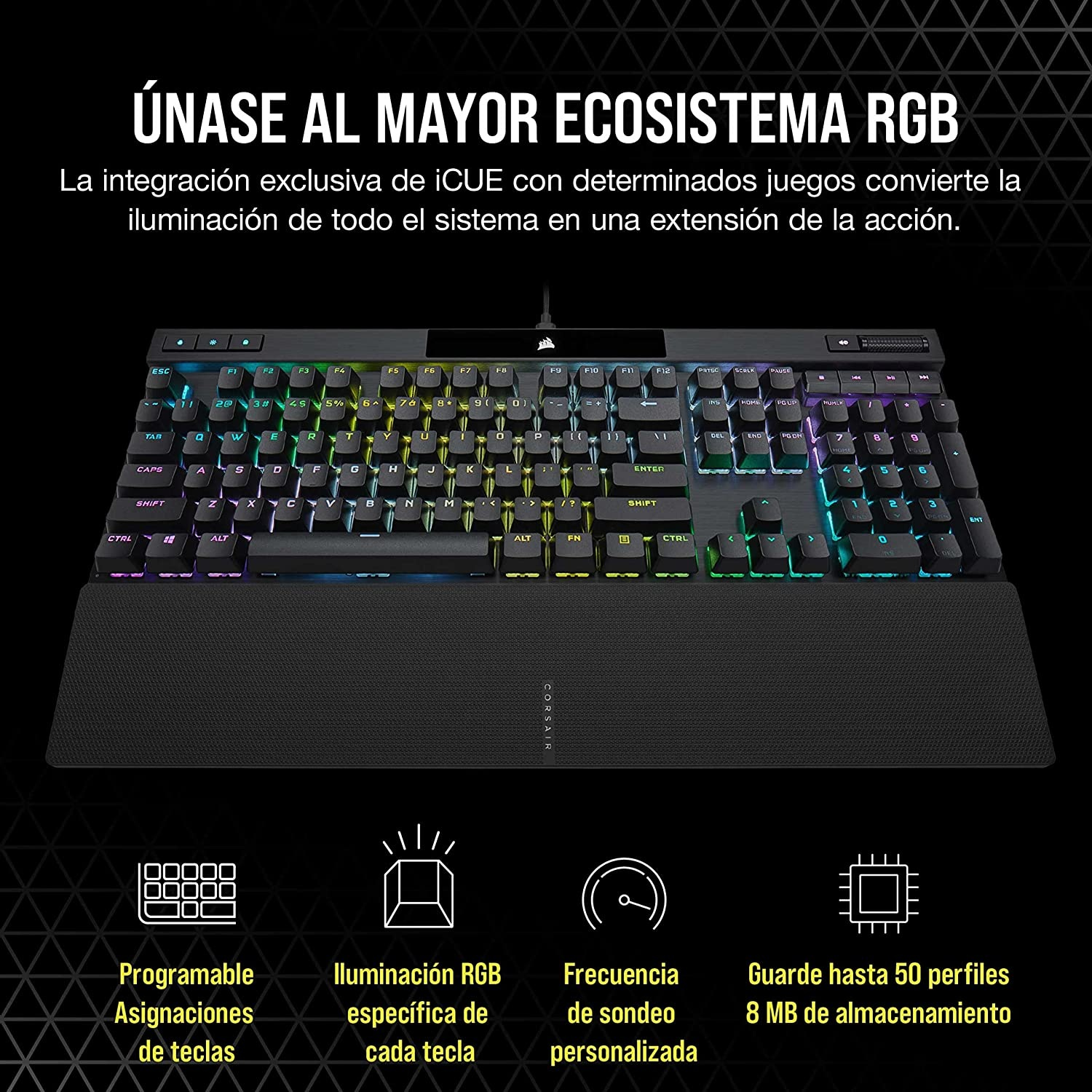 Teclado negro con teclas coloridas y reposamuñecas, con texto.