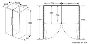 Dessin technique d'un réfrigérateur avec dimensions.