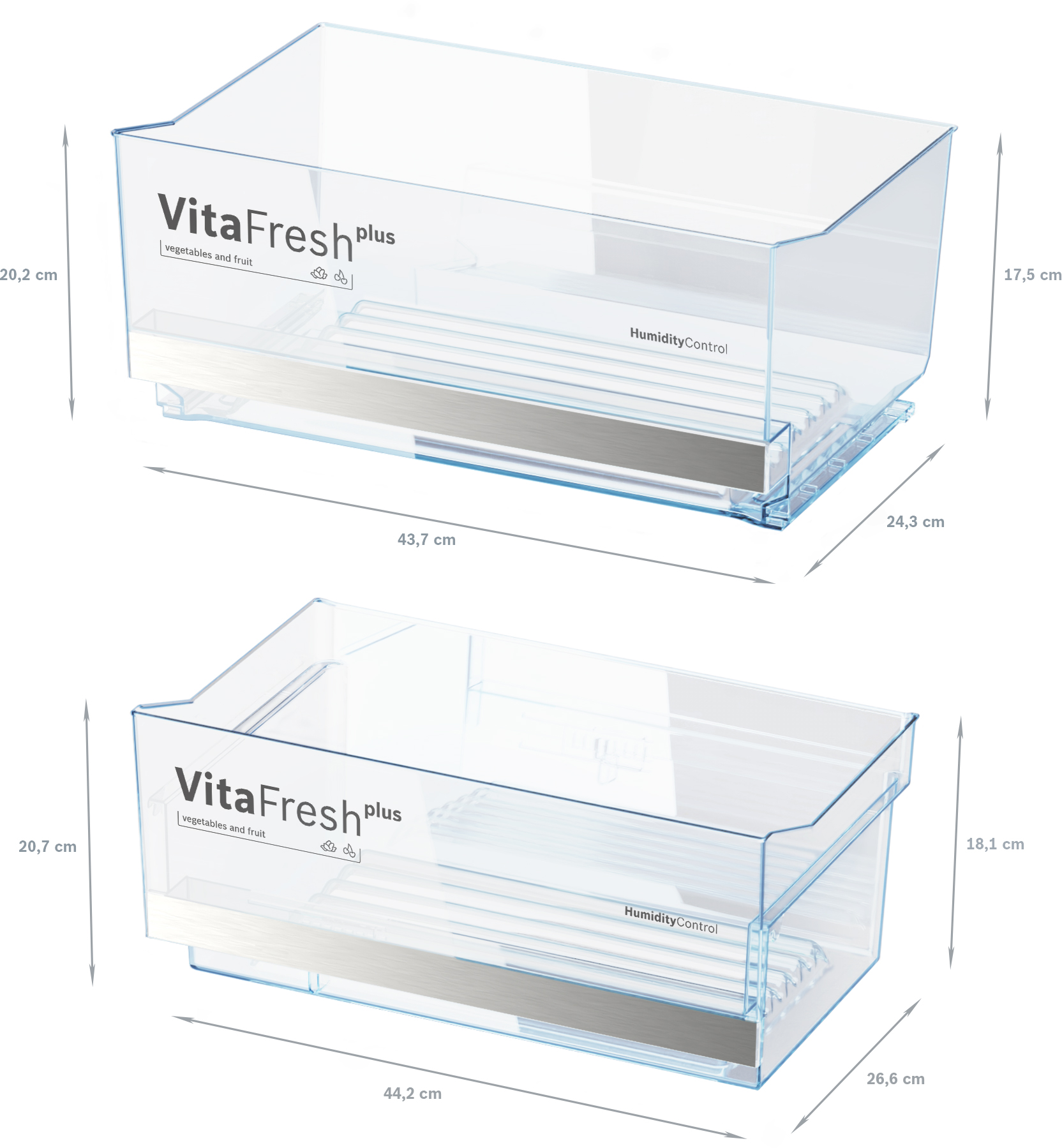 Deux tiroirs de réfrigérateur transparents avec étiquettes et dimensions indiquées.