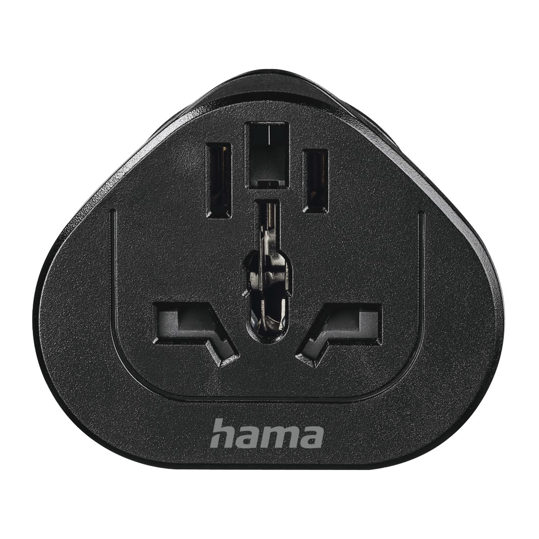 Schwarzer Reiseadapter mit mehreren Steckerkonfigurationen. Hama ist unten aufgedruckt.