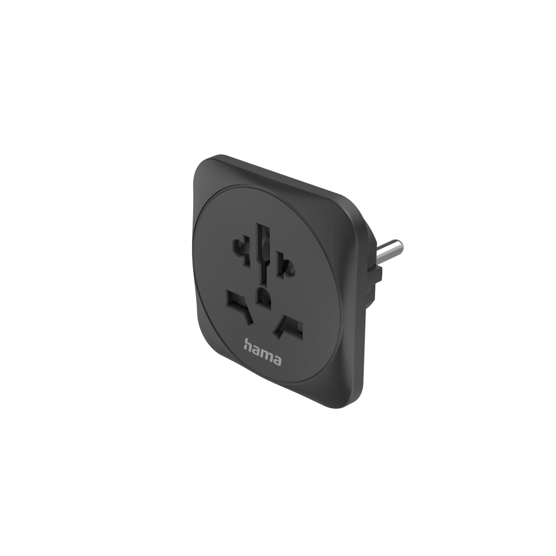 Schwarzer Reiseadapter mit mehreren Anschlüssen, schwarz und rund.