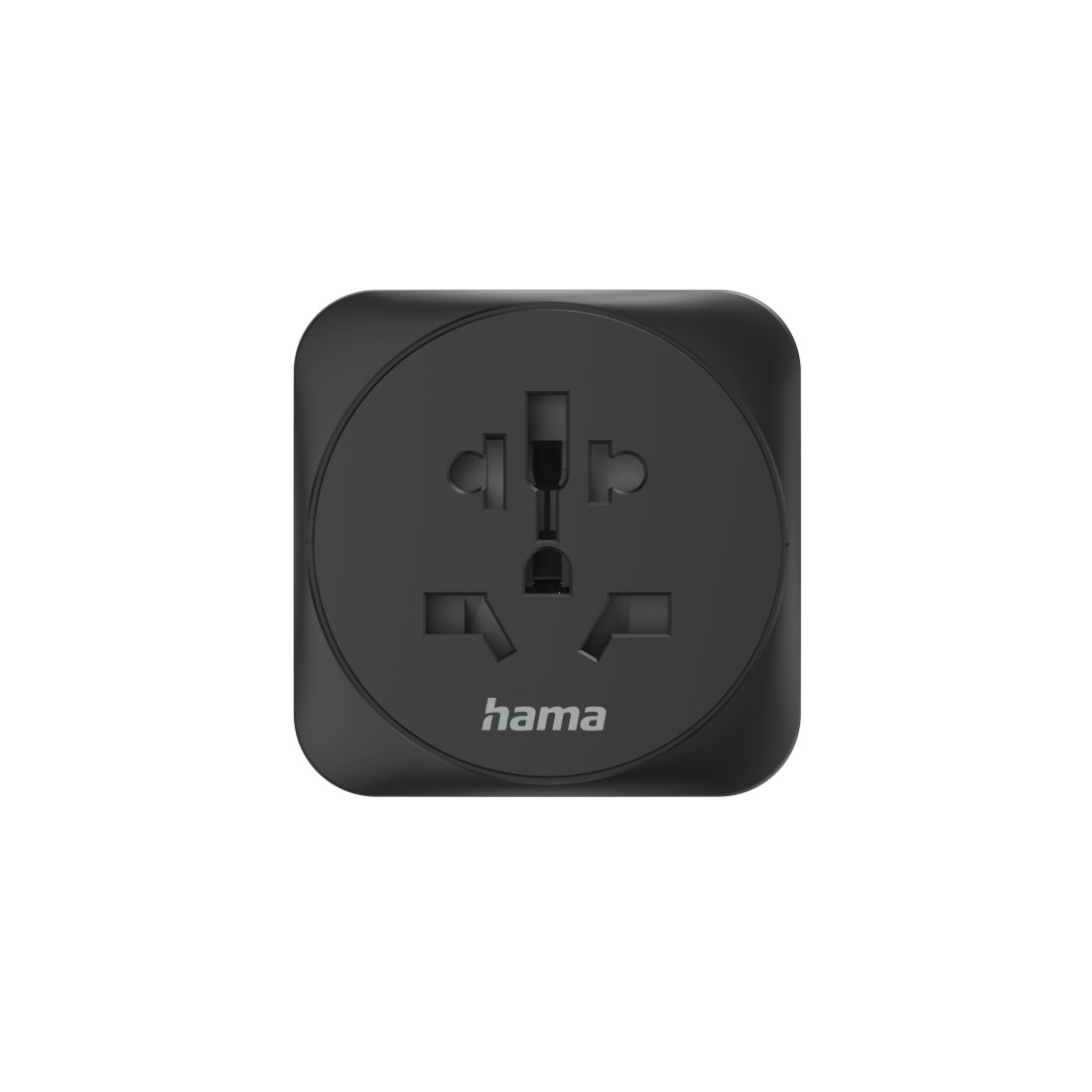 Schwarzer Universal-Reiseadapter mit drei Löchern und dem Namen 'hama'.