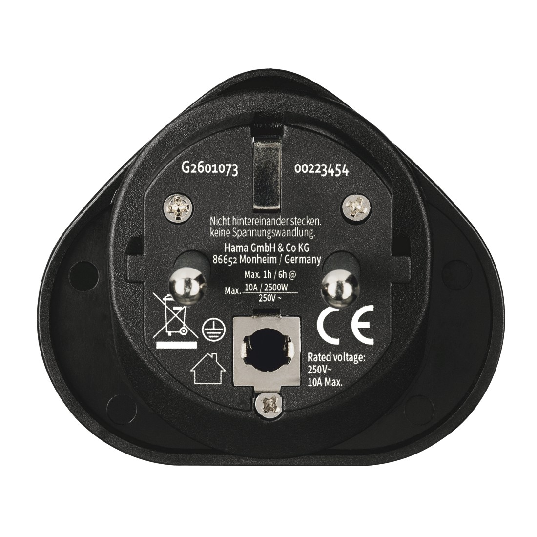 Schwarzer Netzadapter mit Eurostecker, mit Text und Symbolen.