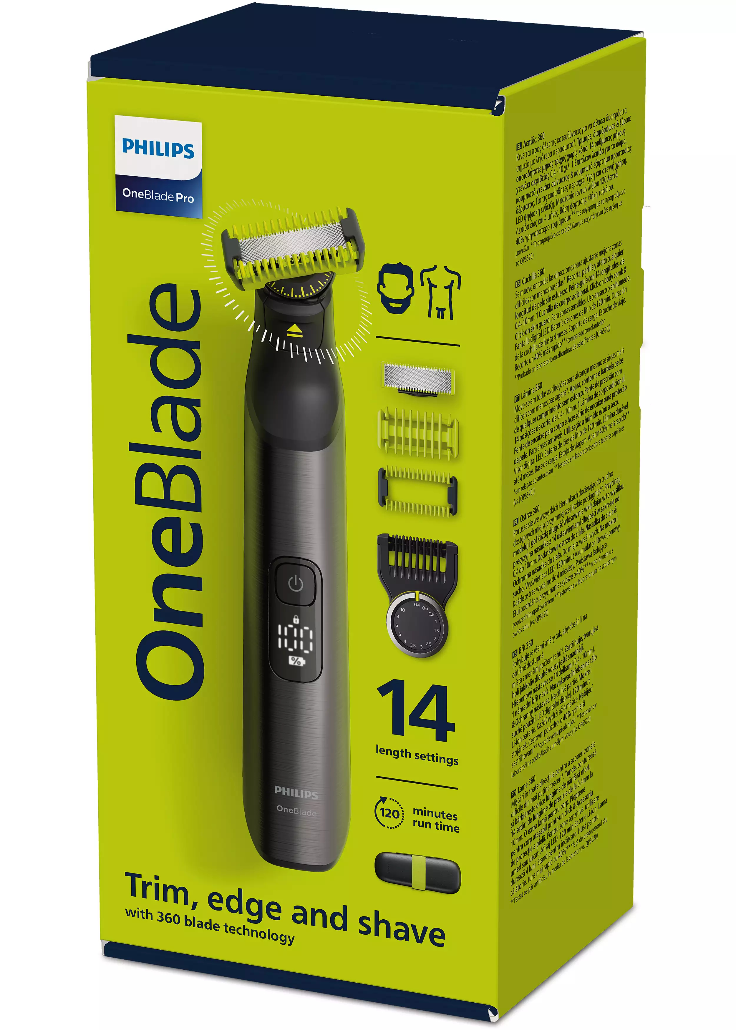 Une boîte Philips OneBlade Pro affiche le rasoir avec 14 réglages de longueur et du texte pour tailler, définir et raser.