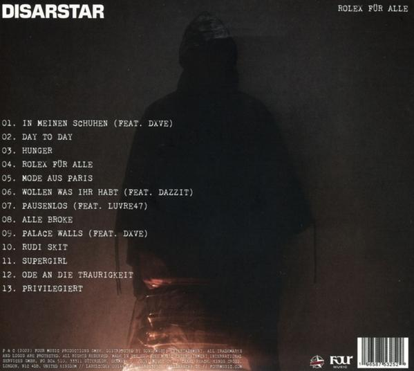 Die Rückseite eines CD-Covers mit einer Titelliste, Künstlernamen und dunklem Hintergrund.