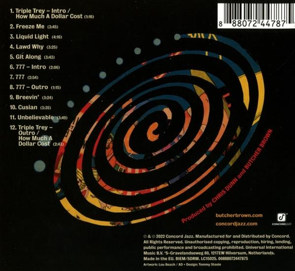 CD-Cover mit buntem, wirbelndem Design, schwarzem Hintergrund. Weißer Text mit Songtiteln.