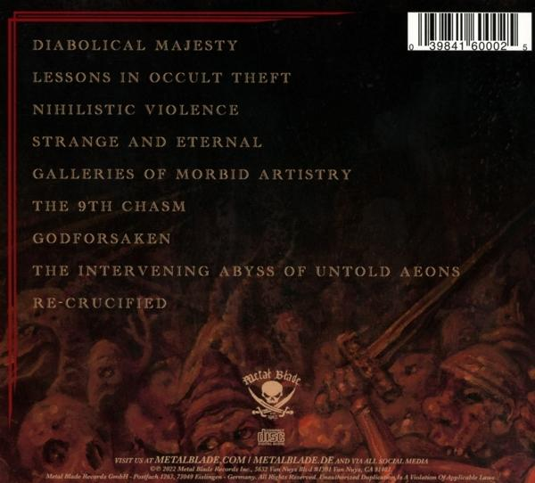 Rückseite eines CD-Covers mit Songtiteln, Metal Blade Records-Logo und Kontaktinformationen.