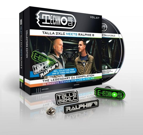 CD-Box-Set mit Bildern von zwei Männern, Pins und einer CD. Auf der Box stehen 'Techno Club' und 'Talla 2XLC meets Ralphie B'.