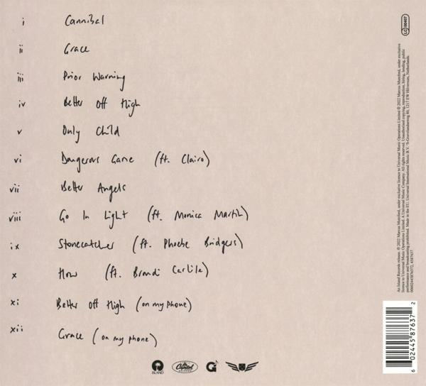 Album-Trackliste, handschriftlich. Songtitel sind auf beigem Hintergrund aufgelistet.