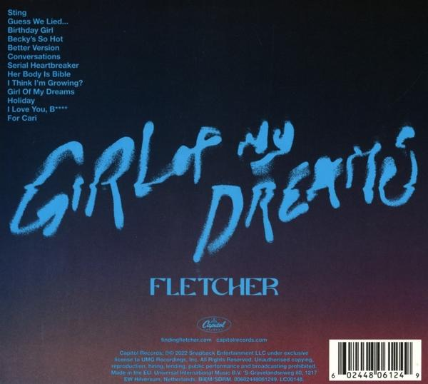CD-Cover für Fletchers Album "Girl Of My Dreams". Blauer Text auf dunklem Hintergrund.