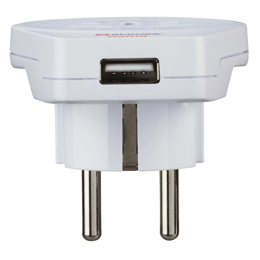 Weißer Reiseadapter mit USB-Anschluss und Stiften für europäische Steckdosen. Isoliert.
