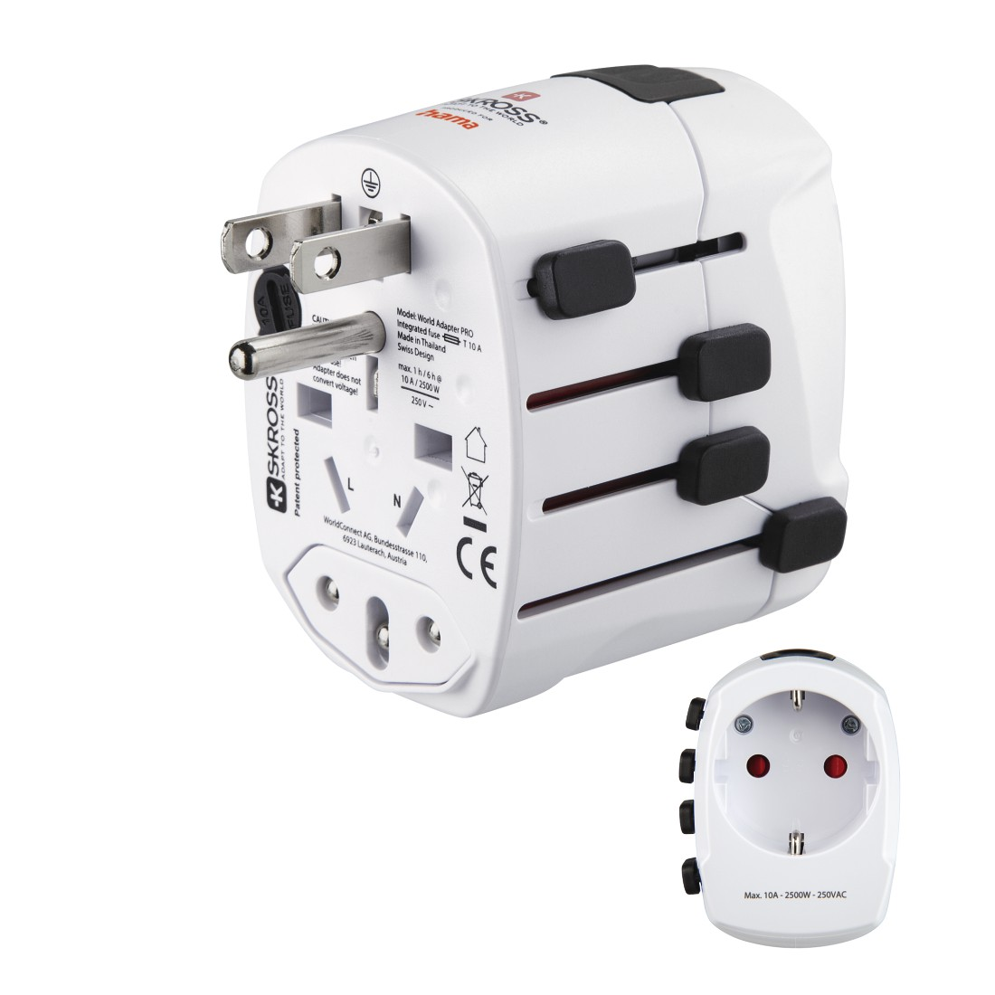 Weißer KSKROSS Weltreiseadapter mit mehreren Stecker-Konfigurationen und einem zusätzlichen Adapter.