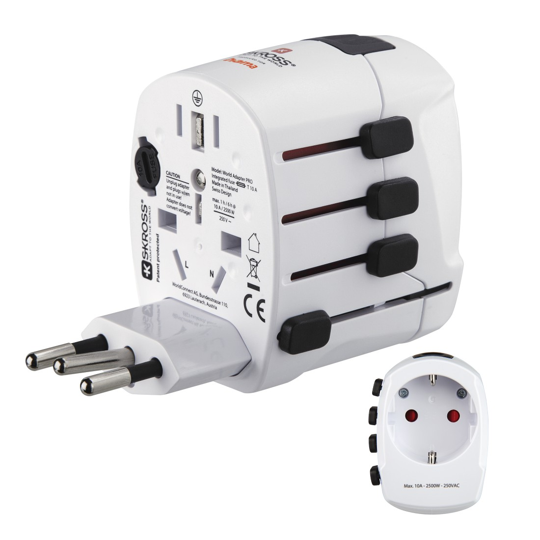 Ein weißer Reiseadapter mit mehreren Steckertypen, schwarzen Schaltern und einem separaten Adapter.