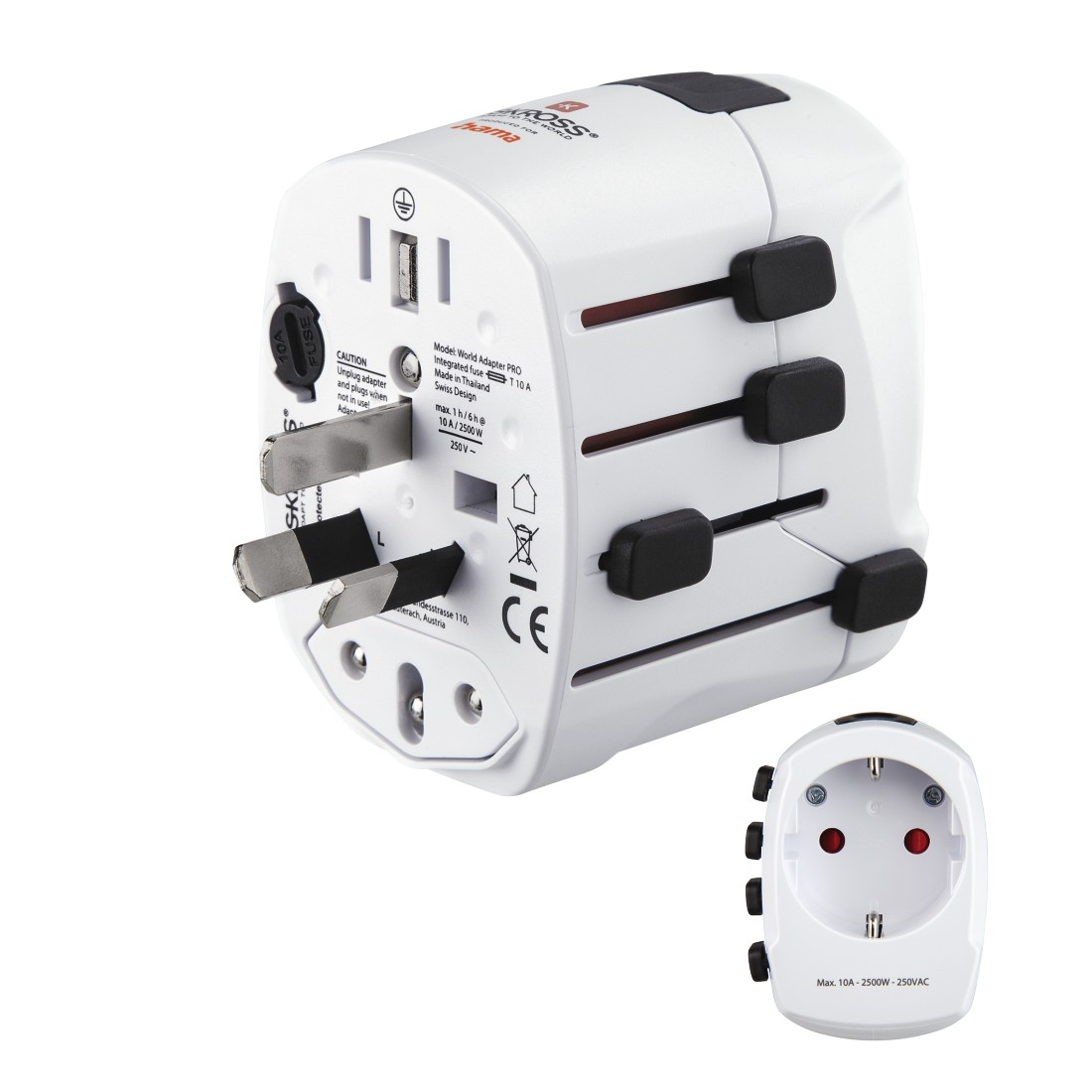 Ein weißer Universal-Reiseadapter mit mehreren Steckerkonfigurationen. Der Adapter hat schwarze Ausziehstecker.