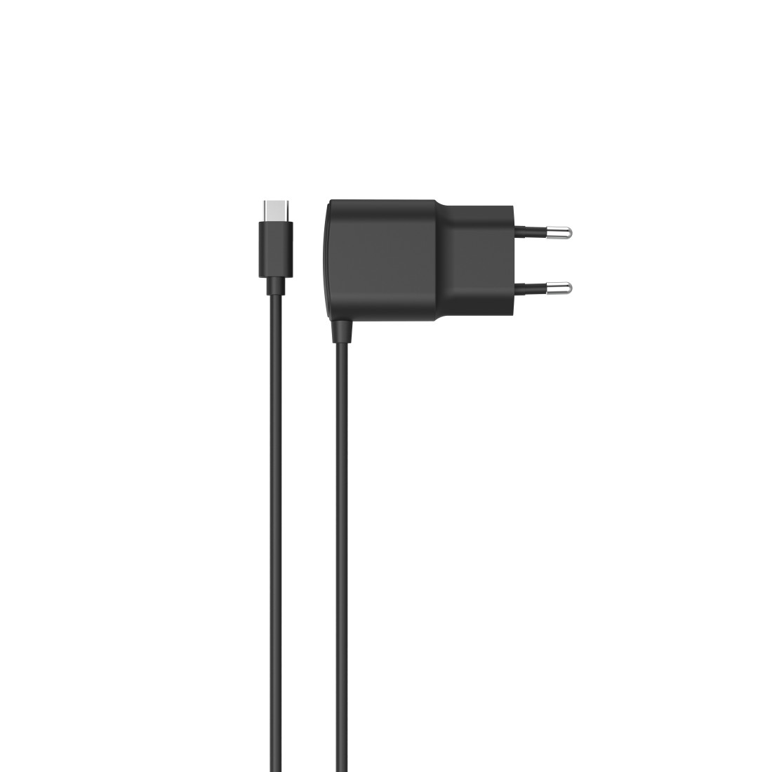 Ein schwarzes Telefonladegerät mit einem USB-C-Kabel. Das Ladegerät ist eingesteckt.