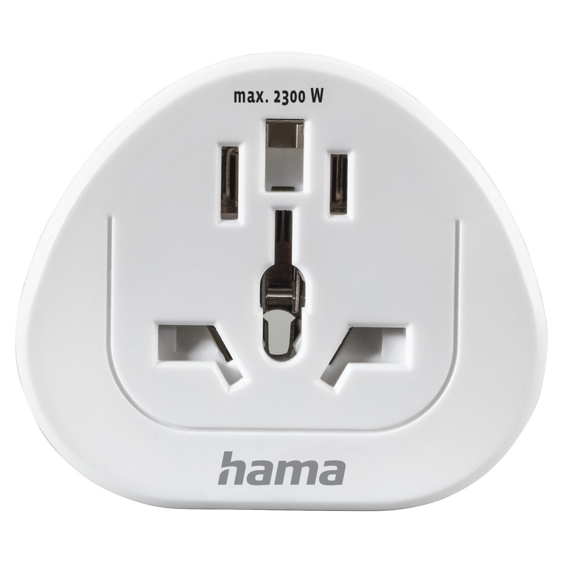 Ein weißer Reiseadapter mit mehreren Steckerkonfigurationen, beschriftet mit "hama" und "max. 2300 W".