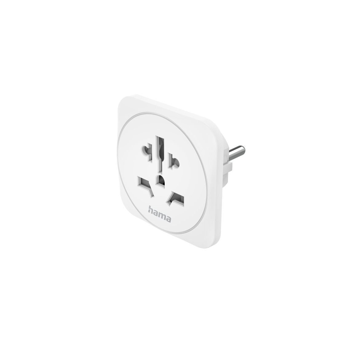 Weißer Universal-Reiseadapter mit mehreren Eingangssteckplätzen und einem einzelnen Stecker, auf weißem Hintergrund.
