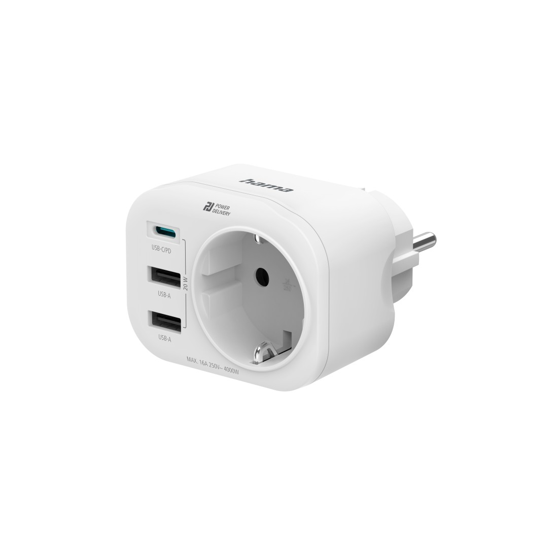 Weißer Reiseadapter mit mehreren USB-Anschlüssen und einem Stecker. Auf dem Etikett steht 'Power Delivery'.