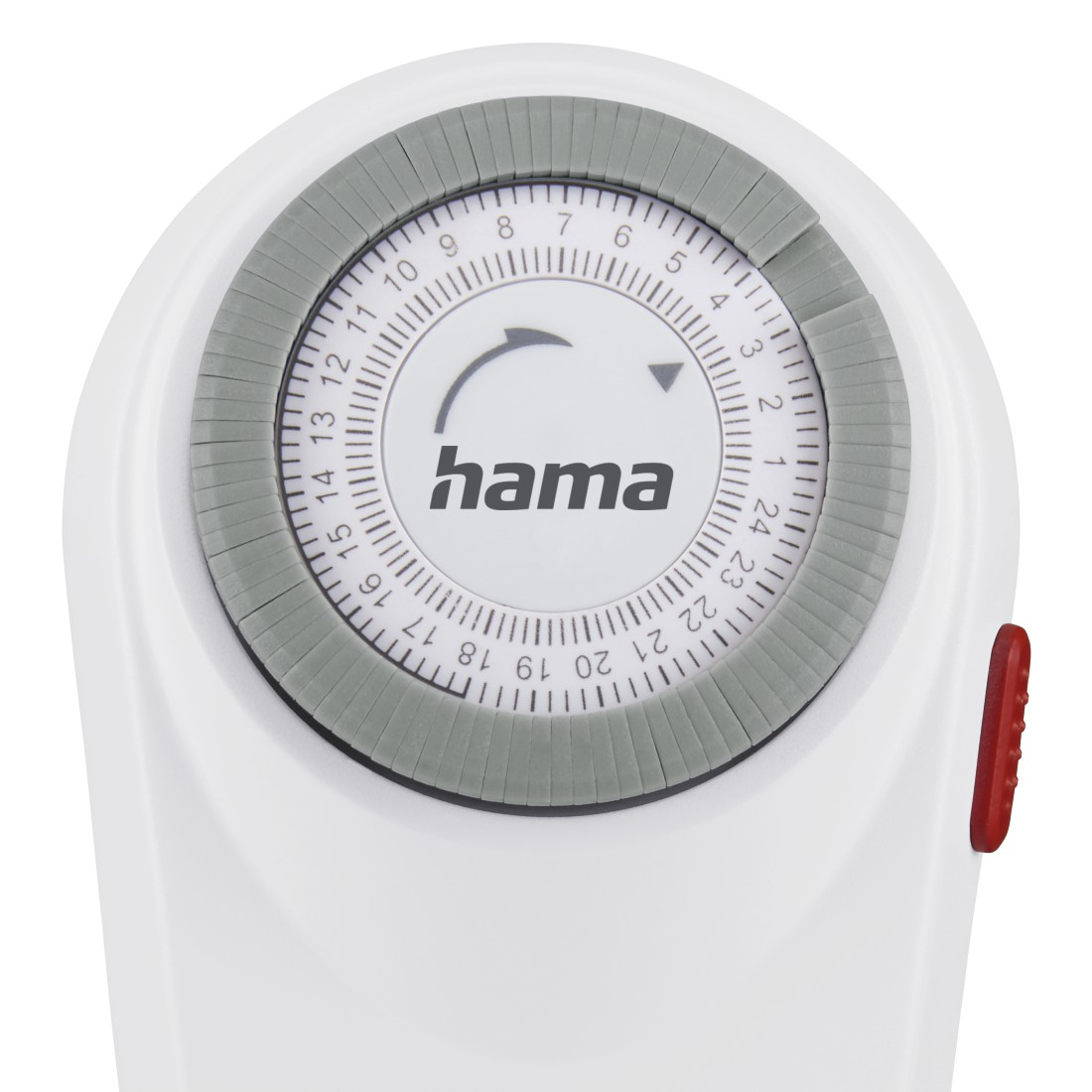 Weißer Hama-Timer mit grauem Zifferblatt und roter Taste, zeigt die Zeit an.