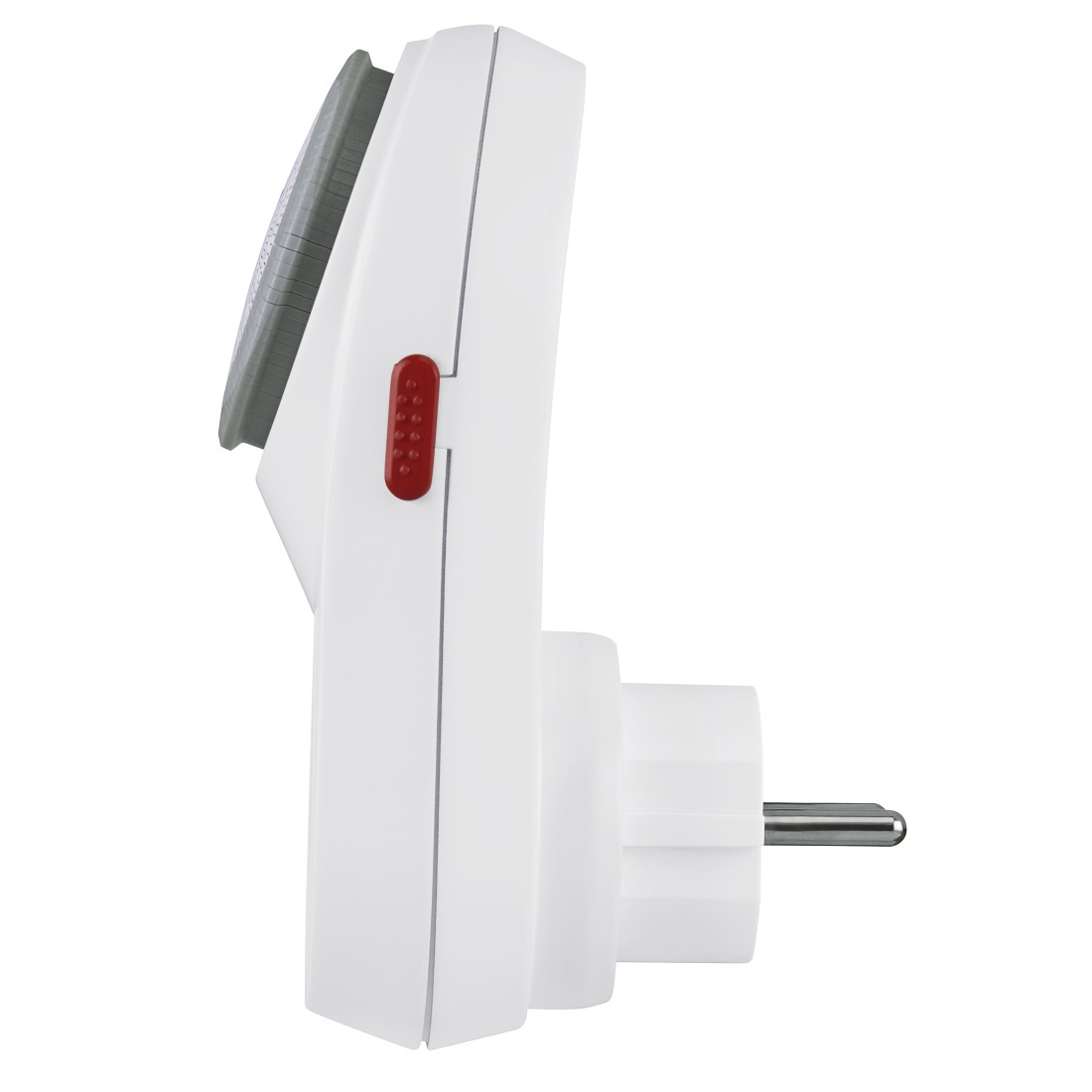 Weißer Netzadapter mit Stecker auf weißem Hintergrund.