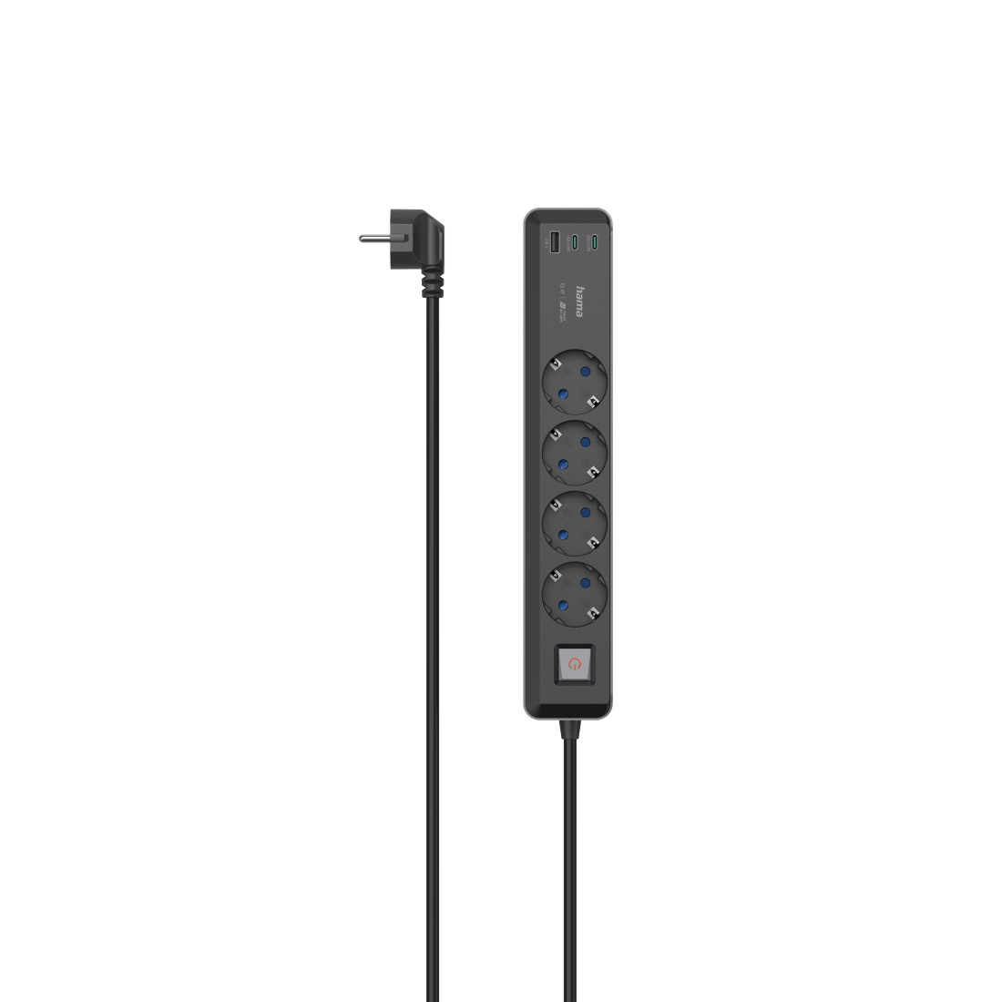 Schwarze Steckdosenleiste mit mehreren Steckdosen, einem Netzschalter und einem Kabel.