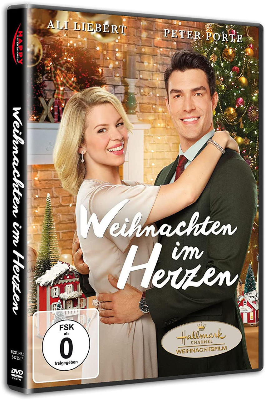 Ein DVD-Cover mit einem Paar, das sich umarmt, und Weihnachtsdekorationen.