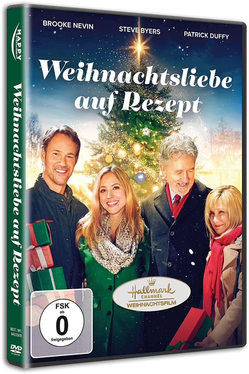 Ein Filmplakat mit vier Personen vor einem Weihnachtsbaum. Der Titel lautet 'Weihnachtsliebe auf Rezept'.