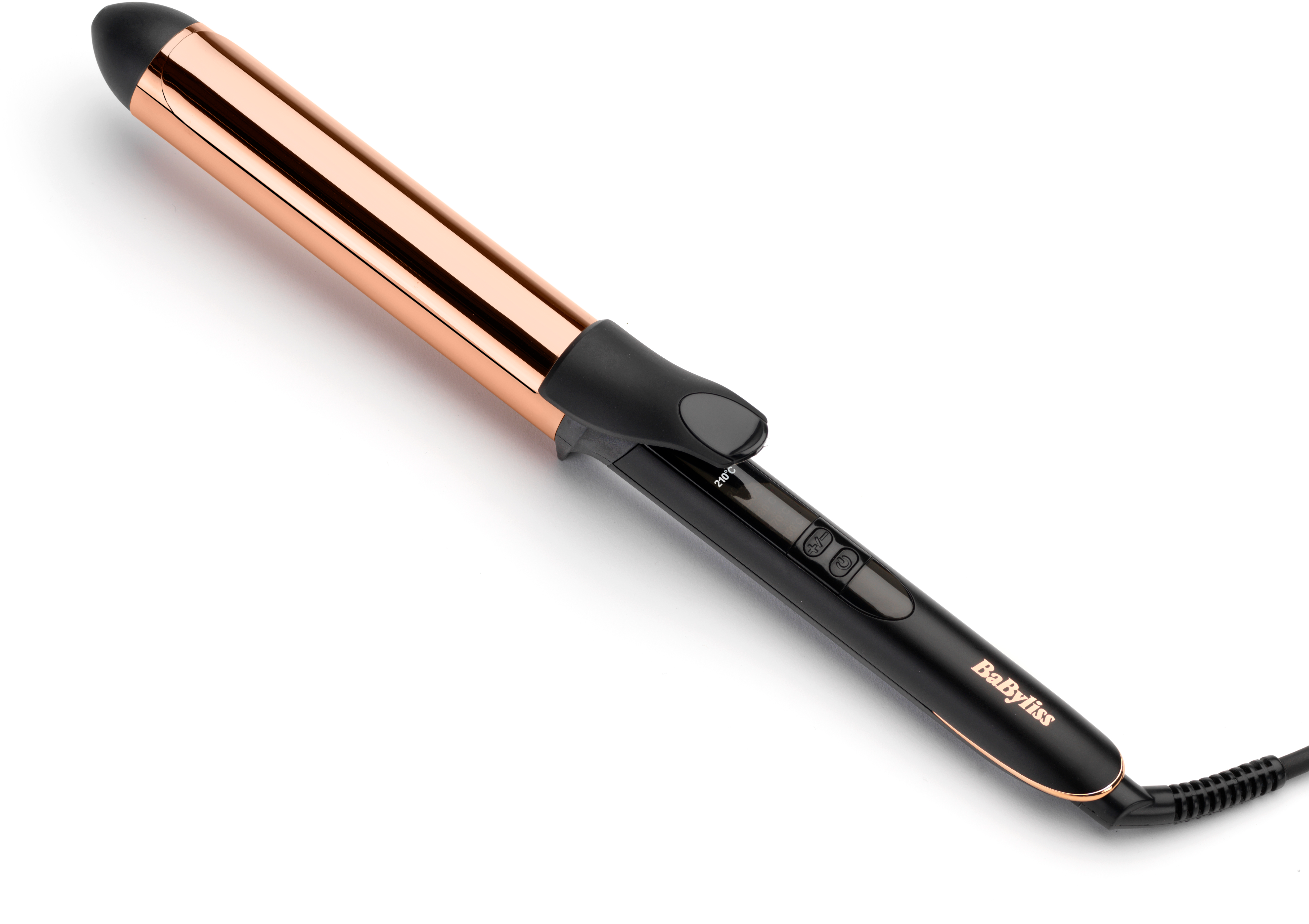 Arricciacapelli oro rosa. È nero con parti riscaldanti oro rosa e un display digitale.