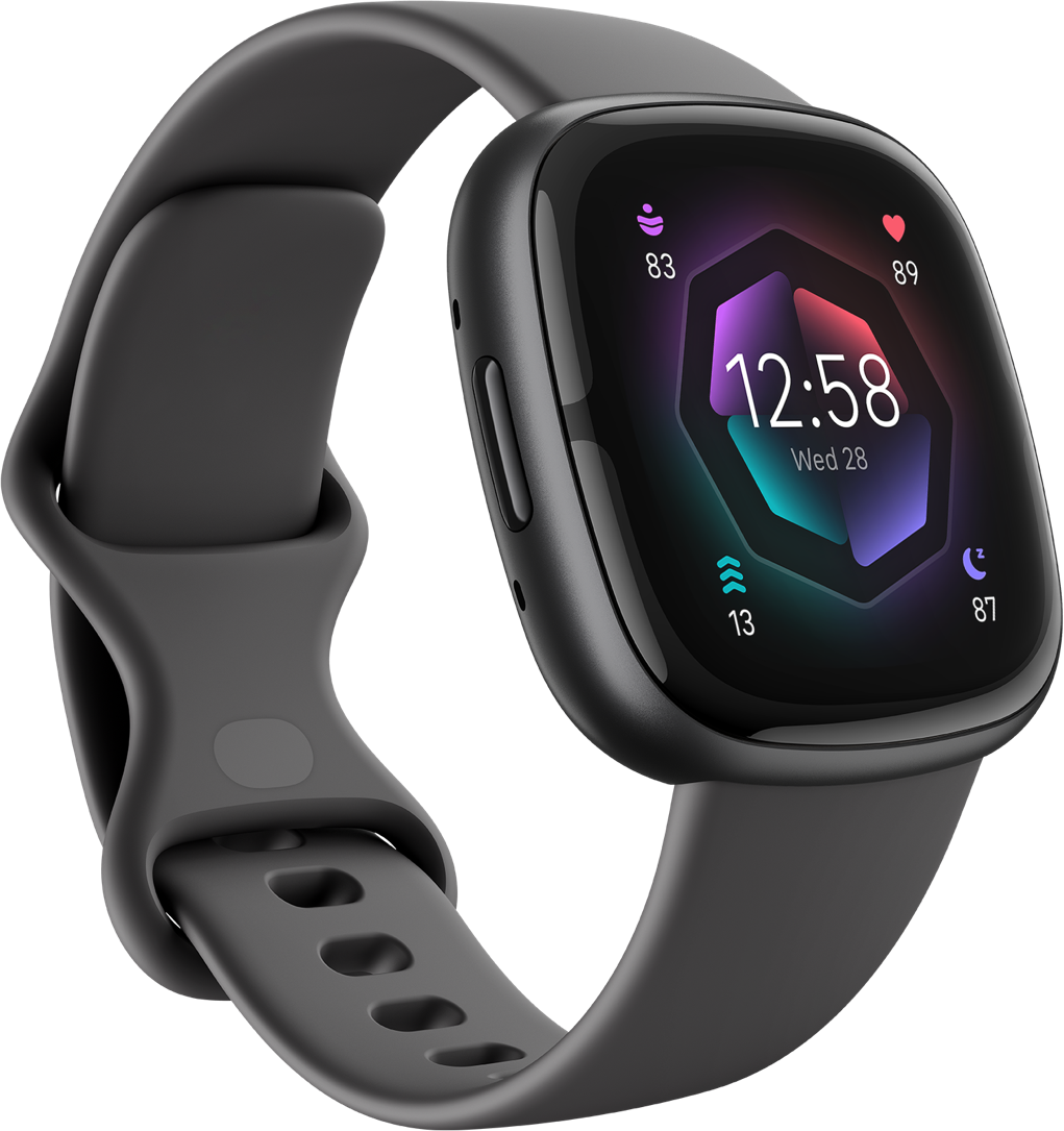 Montre intelligente noire avec un écran incurvé, affichant une horloge, et un bracelet gris foncé.