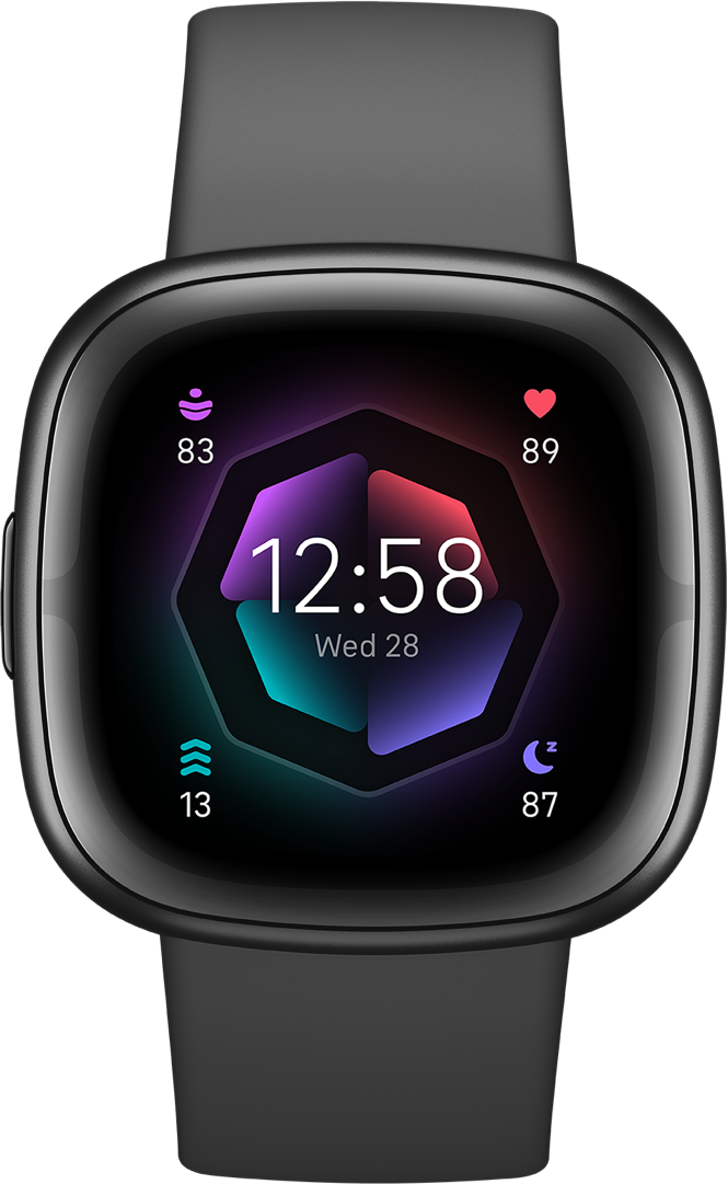 Montre connectée affichant l'heure, fréquence cardiaque, etc.