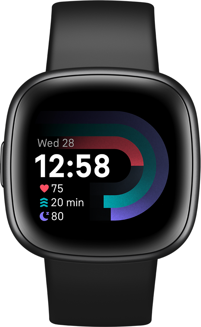 A black smartwatch displays time, date, heart rate, activity, and sleep data. The screen has curved colored graphs.