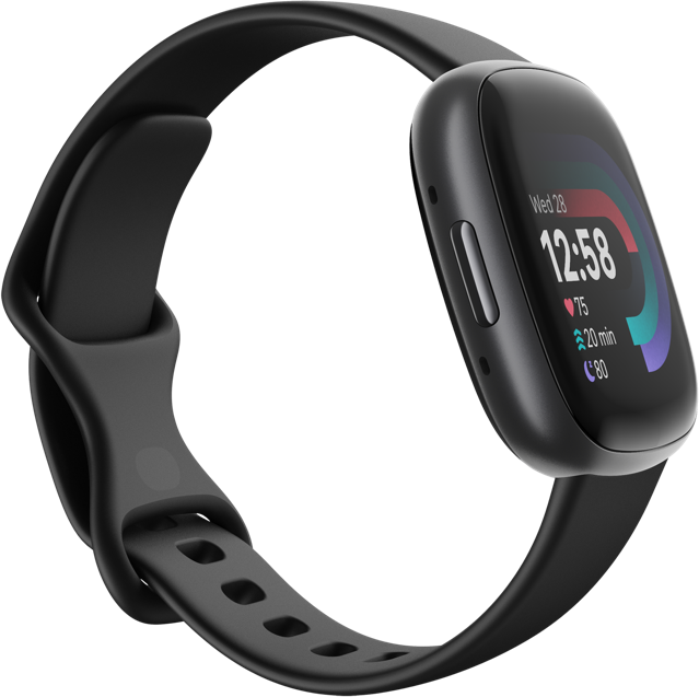 A black smartwatch is displayed. The screen shows the time, heart rate, and activity stats. The band is black and curved.