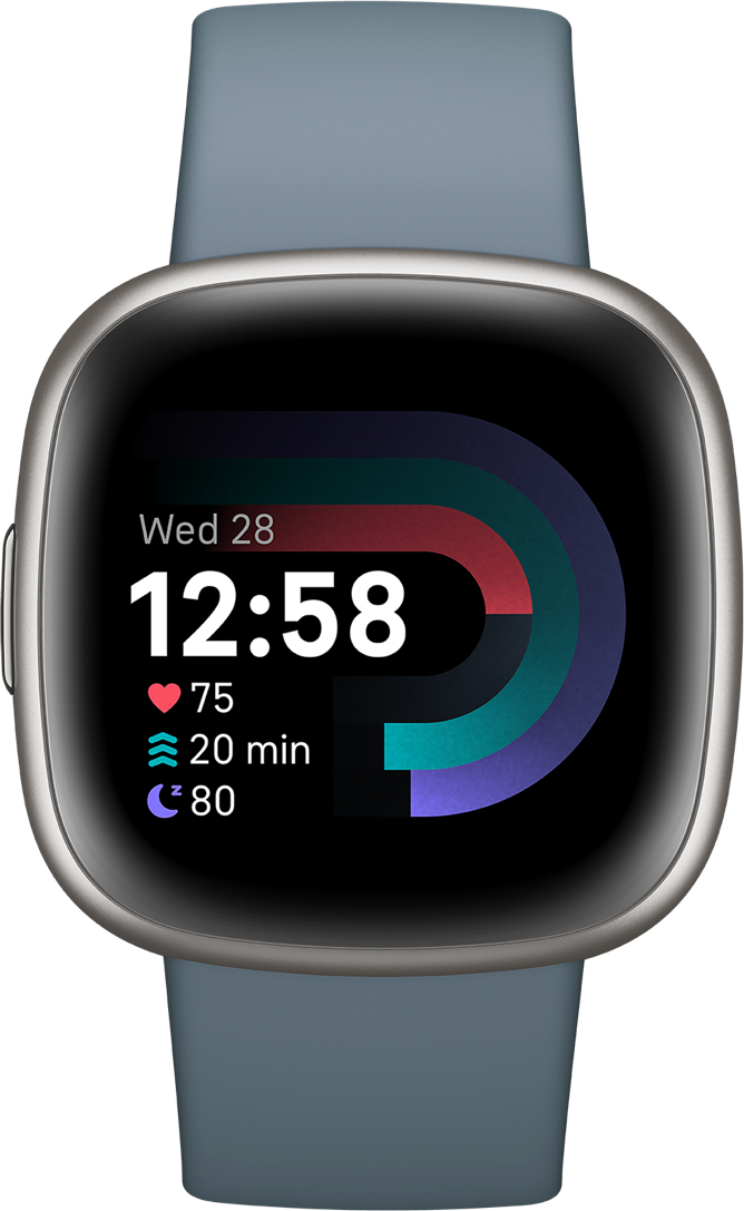 A smartwatch with a blue strap shows the date and time. It also displays heart rate, active minutes, and sleep duration.
