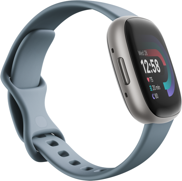 A gray smartwatch with a blue band displays time and health metrics. The watch is on a black background. 