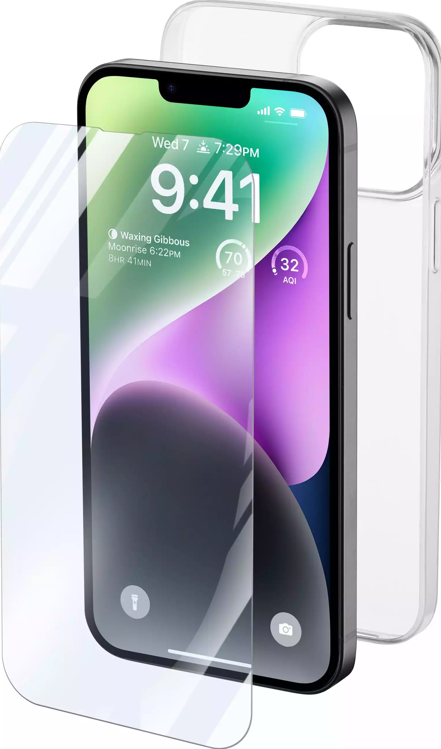 Smartphone avec protecteur d'écran et étui transparent. Le téléphone affiche l'heure et les icônes d'applications.