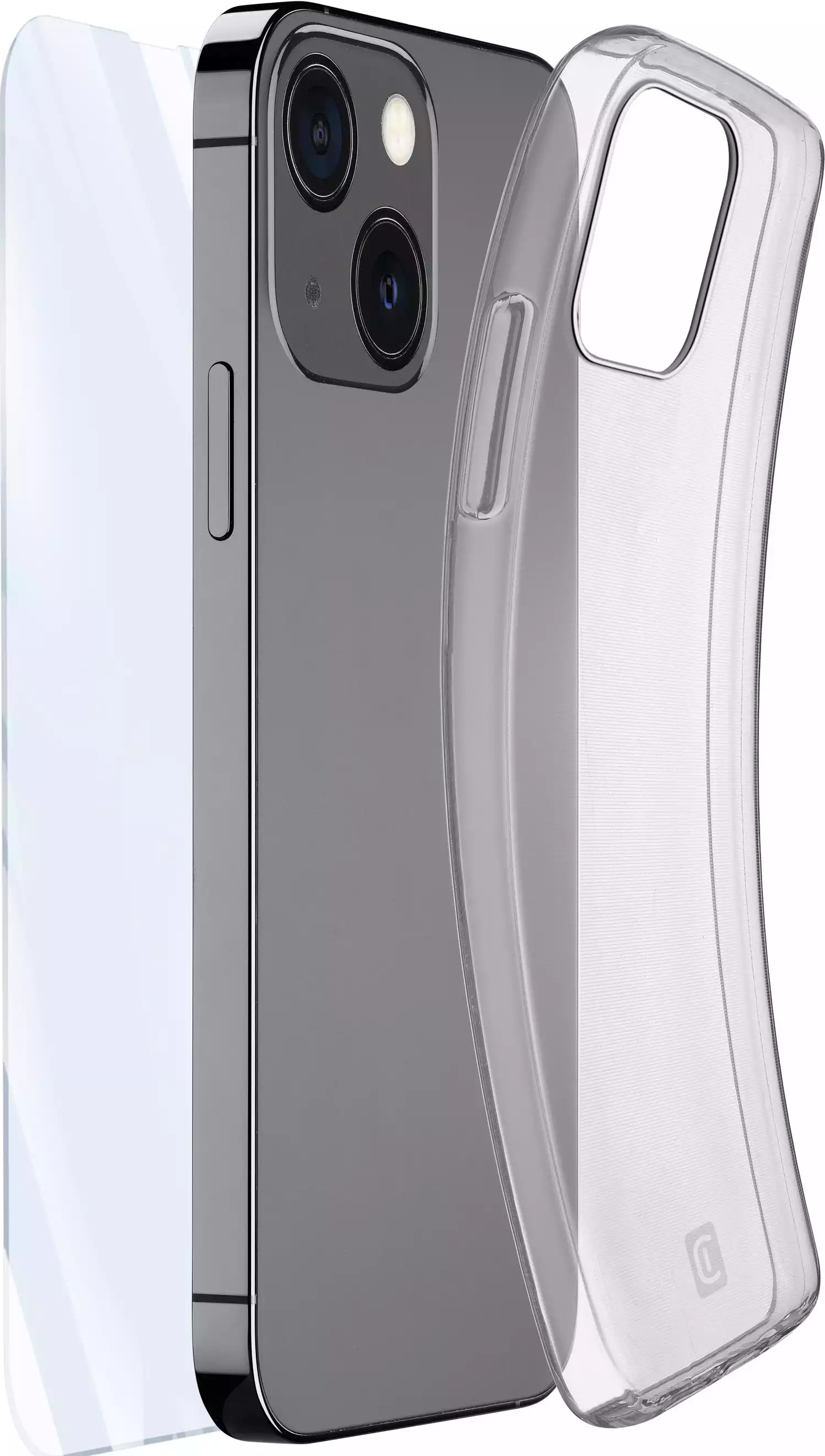 Un téléphone et un étui. Le téléphone est gris foncé, avec un étui transparent et un protecteur d'écran.