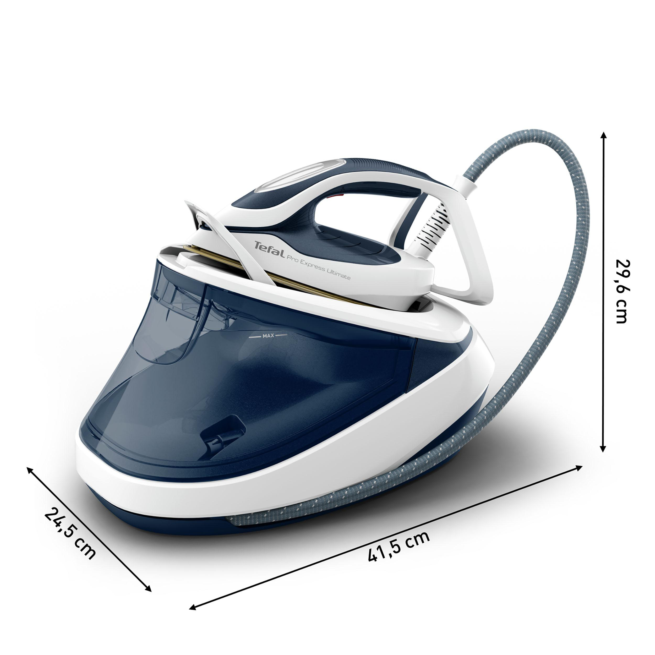 Weißes und marineblaues Dampfbügeleisen mit Maßen. Es hat die Maße 24,5 cm, 29,6 cm und 41,5 cm.