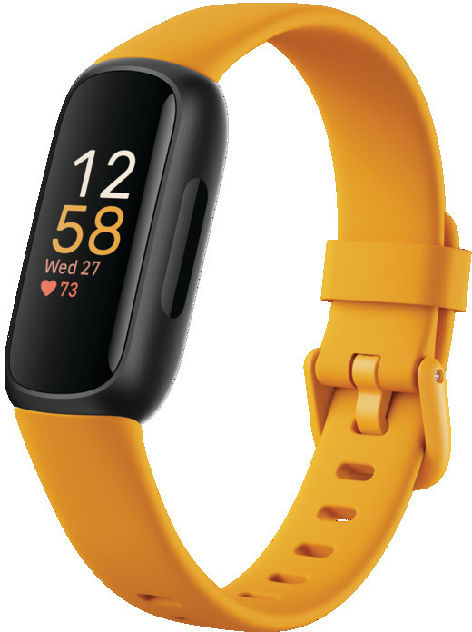A fitness tracker watch with an orange strap and a black screen displaying time and heart rate.