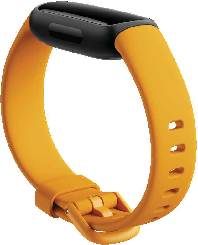 Orange fitness tracker band with a black screen area and a buckle, on a white background.