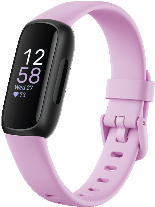 A lilac fitness tracker with a black screen displaying time and health metrics and a lilac strap.