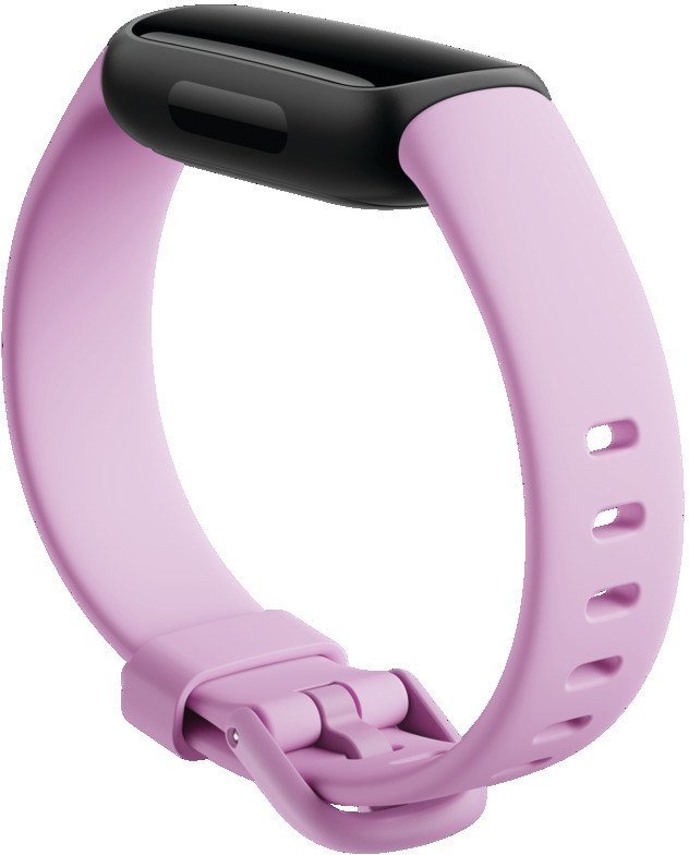 A light purple fitness tracker with a black screen and a matching band.