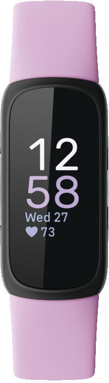 A pink and black fitness tracker watch. The screen shows time, date, heart rate and battery level.